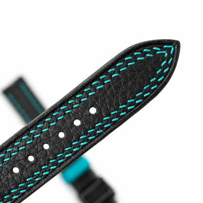 Black Togo Turquoise Double Stitch Leather Watch Strap - pointed tip