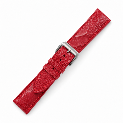 Red Ostrich Leg Leather Watch Strap - tip and holes detail