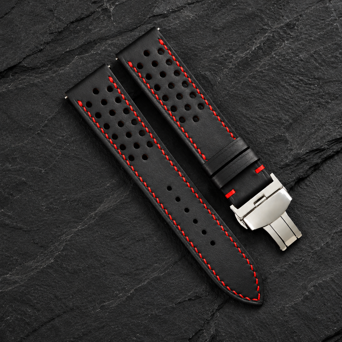 Black Through-Hole Rally Swift Leather Watch Strap - Red Stitch - side profile red edge