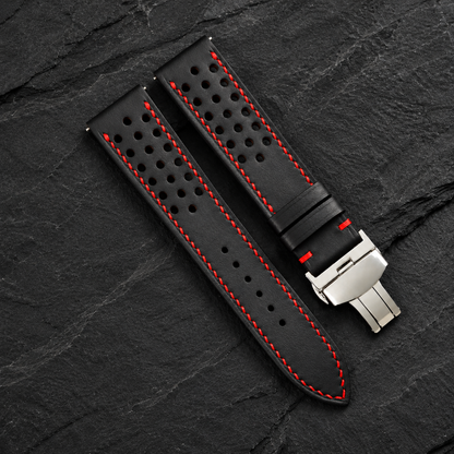 Black Through-Hole Rally Swift Leather Watch Strap - Red Stitch - side profile red edge