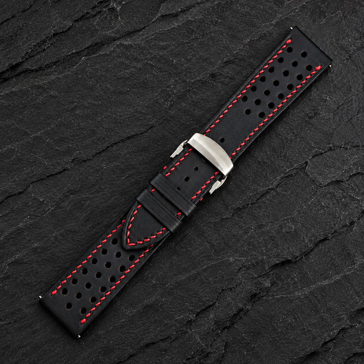 Black Through-Hole Rally Swift Leather Watch Strap - Red Stitch - red stitch detail