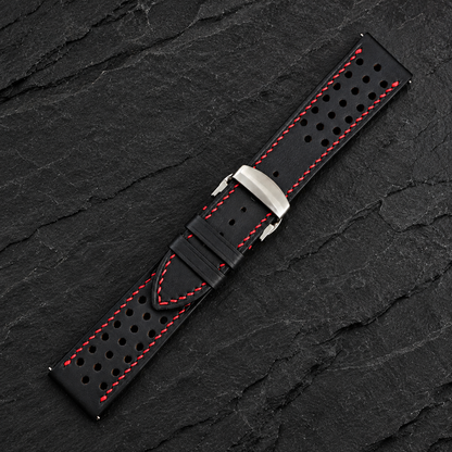 Black Through-Hole Rally Swift Leather Watch Strap - Red Stitch - red stitch detail