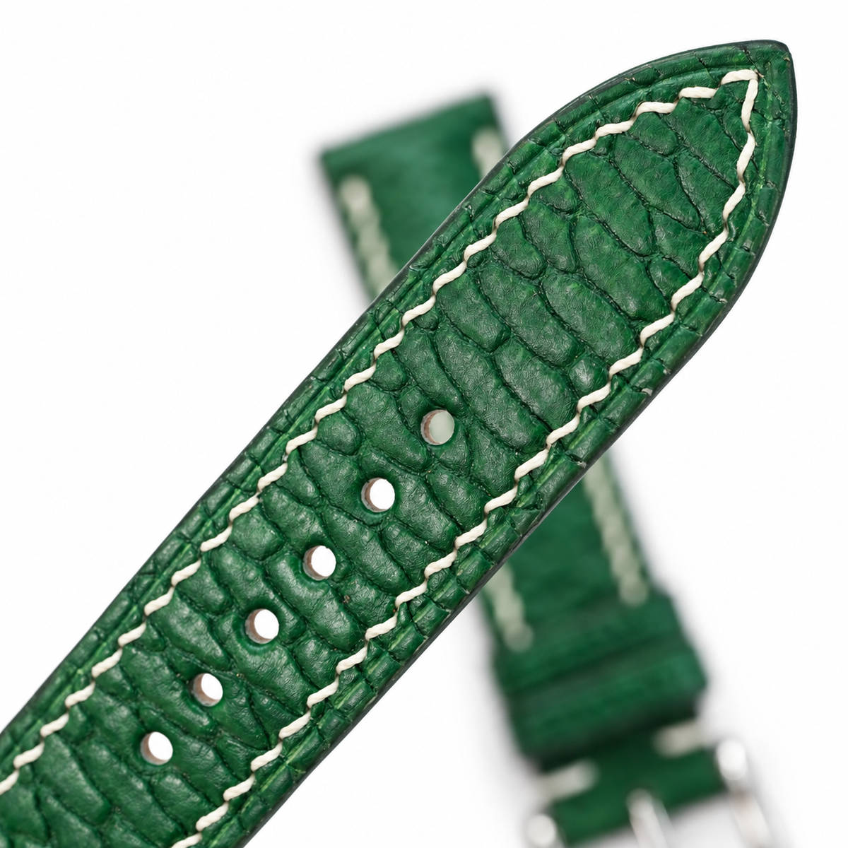 Emerald Green Beaver Tail Leather Watch Strap - tip and holes detail