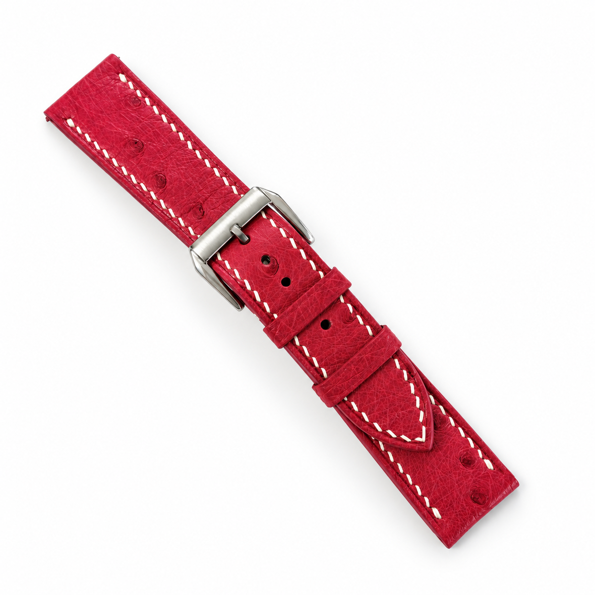 Raspberry Red Ostrich Leather Watch Strap - assembled on buckle