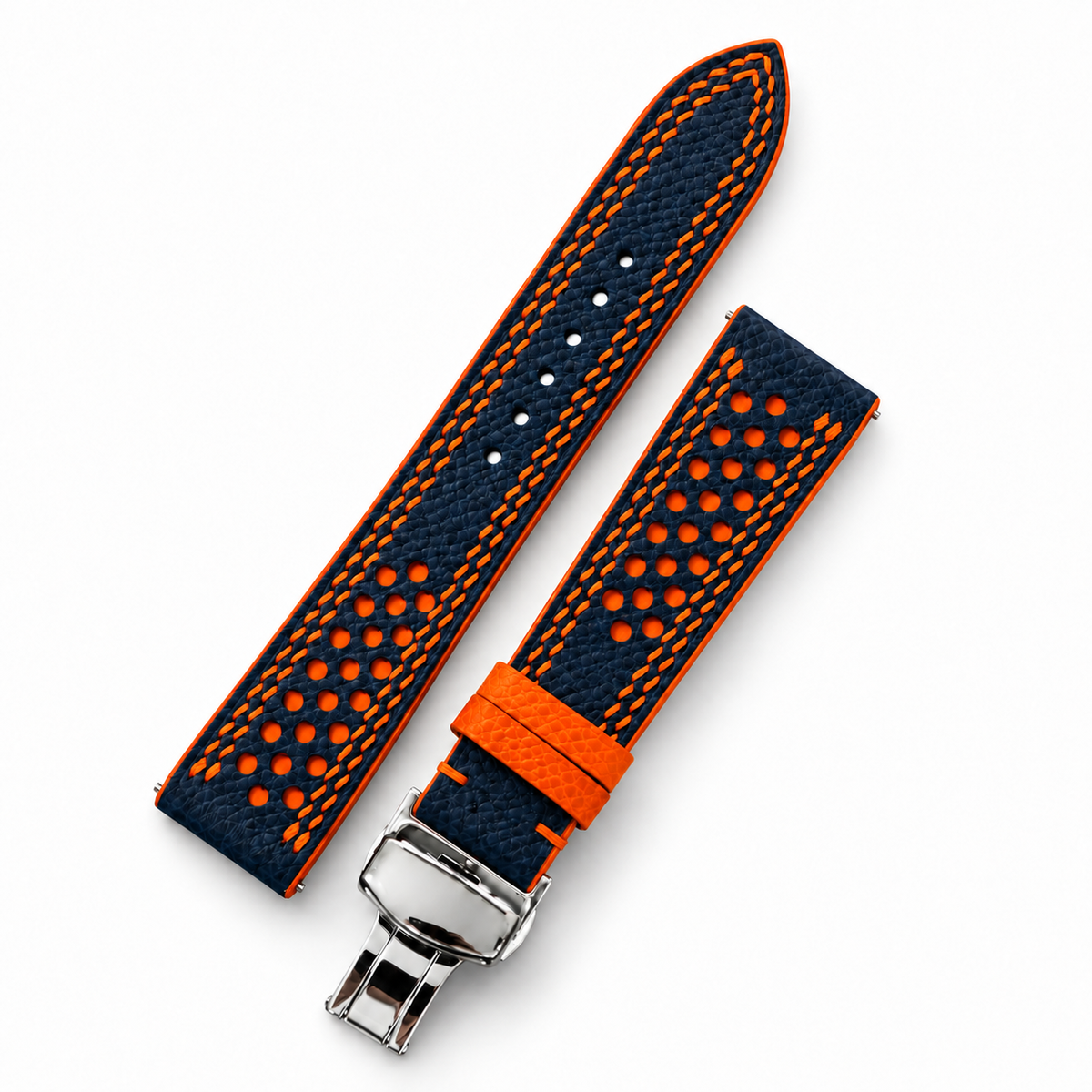 Navy and Orange Racing Holes Rally Epsom Leather Watch Strap - Orange Double Stitch - racing holes orange underlay macro