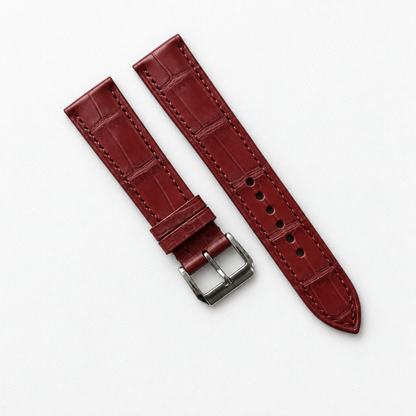 Burgundy Alligator Leather Watch Strap - Tonal Stitch - assembled on buckle