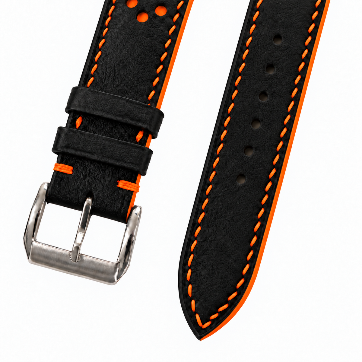 Black and Orange Racing Holes Rally Swift Leather Watch Strap - orange stitch detail