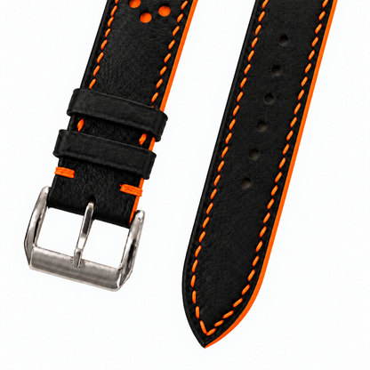 Black and Orange Racing Holes Rally Swift Leather Watch Strap - orange stitch detail