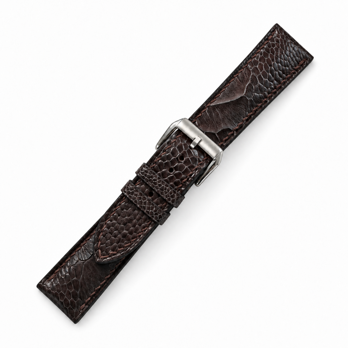 Nicotine Brown Ostrich Leg Leather Watch Strap - assembled on buckle