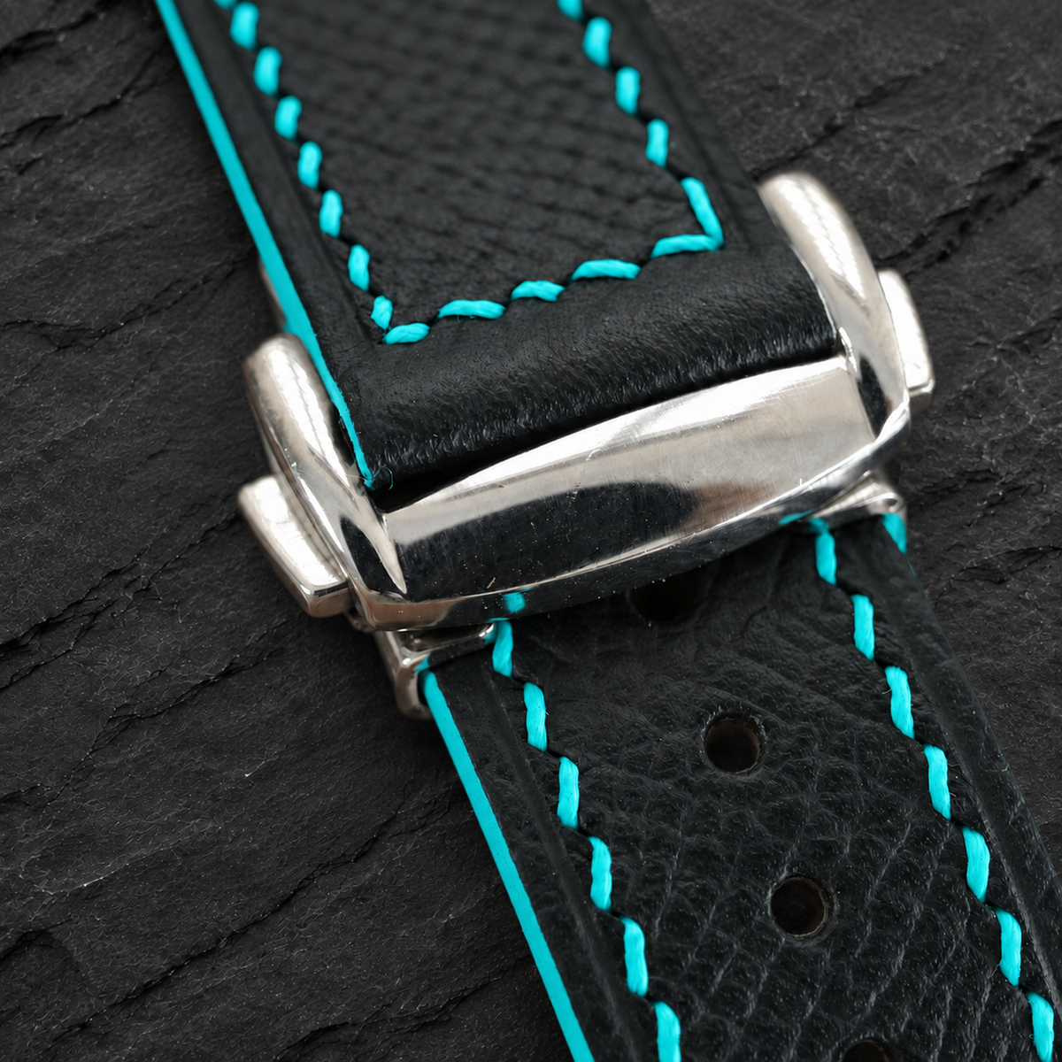 Deployant Black Turquoise Racing Rally Epsom Leather Watch Strap - deployant clasp end