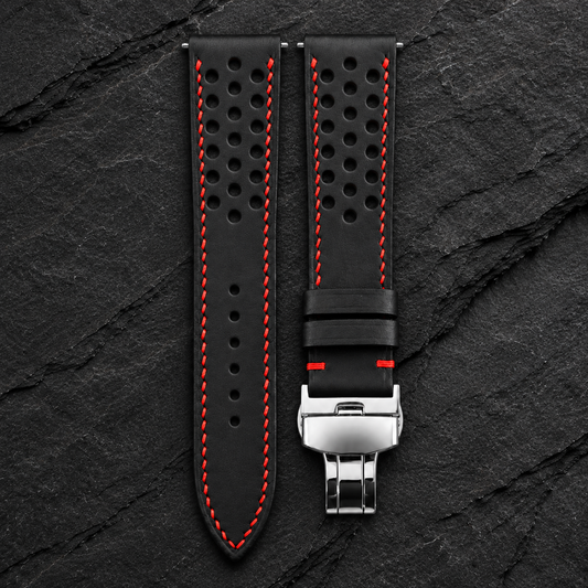 Black Through-Hole Rally Swift Leather Watch Strap - Red Stitch - hero