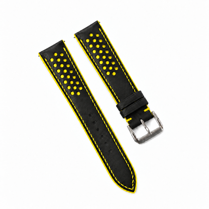 Black and Yellow Racing Holes Rally Swift Leather Watch Strap - assembled on buckle