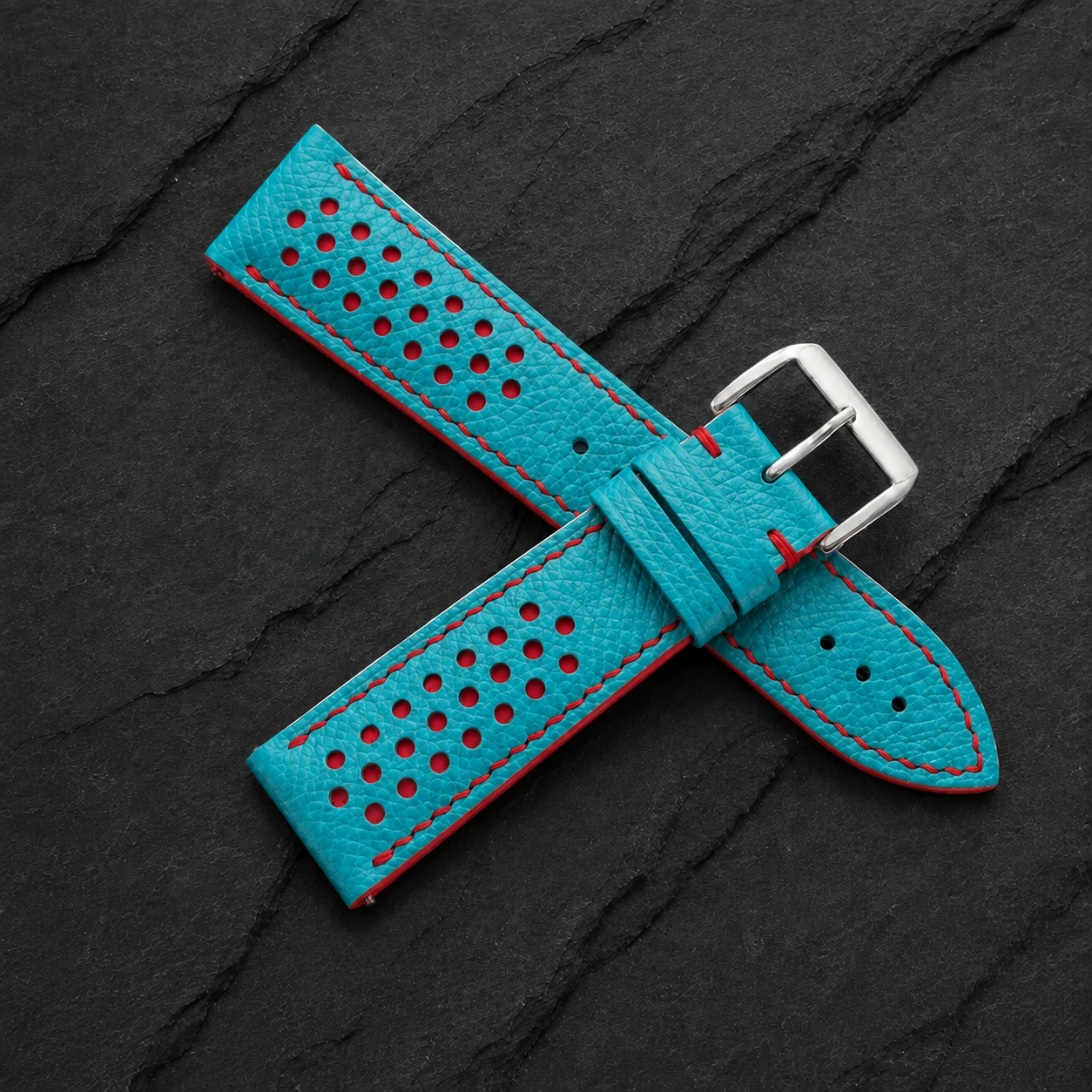 Turquoise and Red Racing Small Holes Rally Epsom Leather Watch Strap