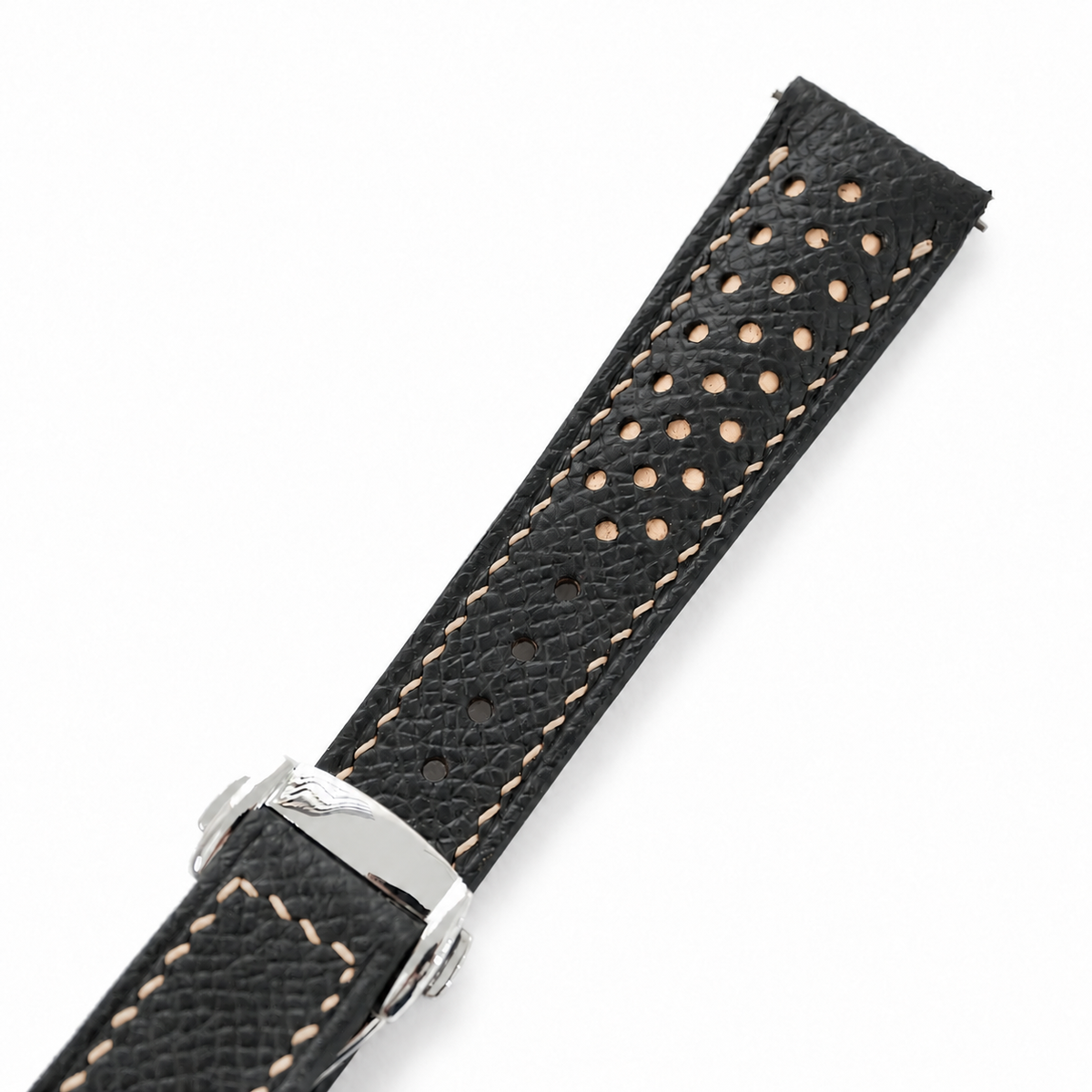 Deployant Racing Rally Black and Beige Epsom Leather Watch Strap - racing holes beige underlay macro