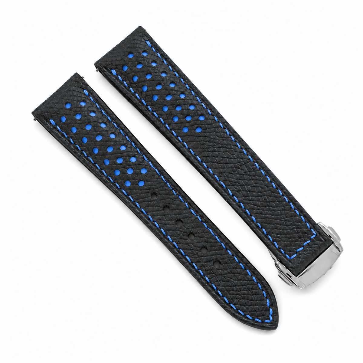 Deployant Racing Rally Black and Blue Epsom Leather Watch Strap - side profile blue stitch
