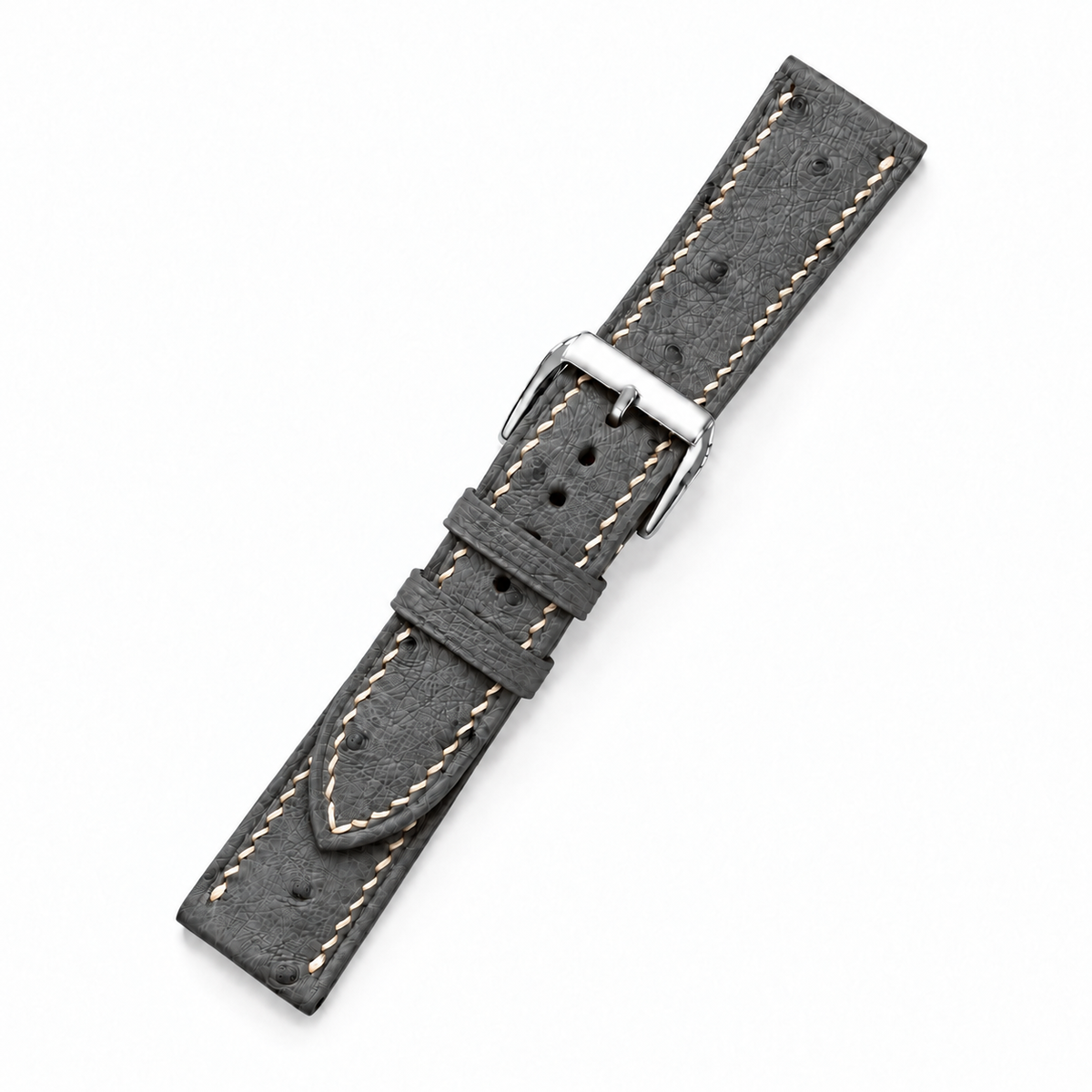 Charcoal Gray Ostrich Leather Watch Strap - assembled on buckle