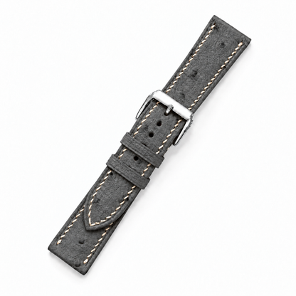 Charcoal Gray Ostrich Leather Watch Strap - assembled on buckle