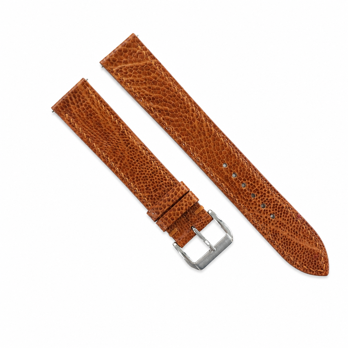 Golden cognac ostrich leg watch strap, both straps flat lay