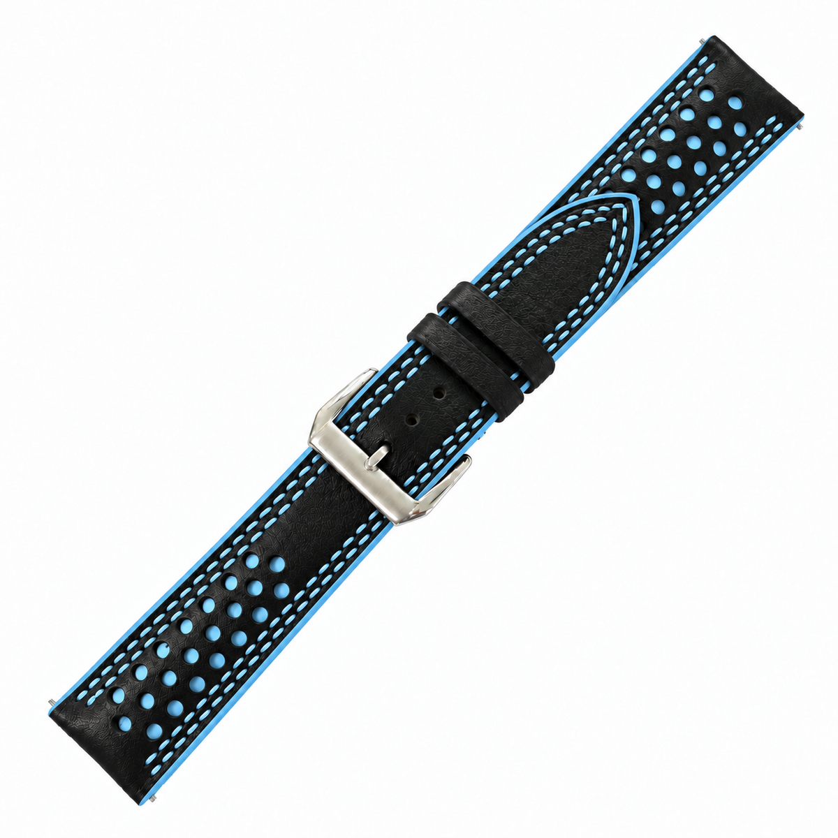 Black and Light Blue Racing Holes Rally Swift Leather Watch Strap - Double Stitch - assembled on buckle