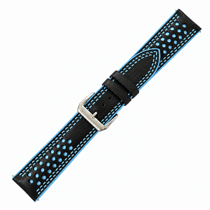Black and Light Blue Racing Holes Rally Swift Leather Watch Strap - Double Stitch - assembled on buckle
