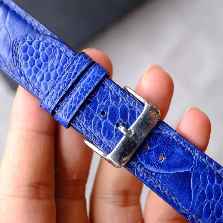 Blue Ostrich Leg leather watch strap - back