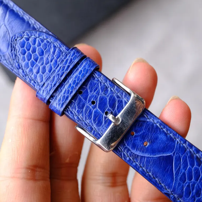 Blue Ostrich Leg leather watch strap - back