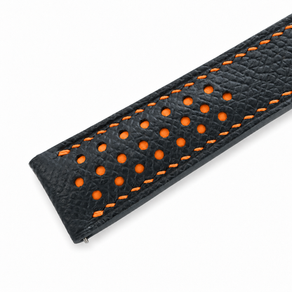 Deployant Racing Rally Black and Orange Epsom Leather Watch Strap - assembled on deployant clasp