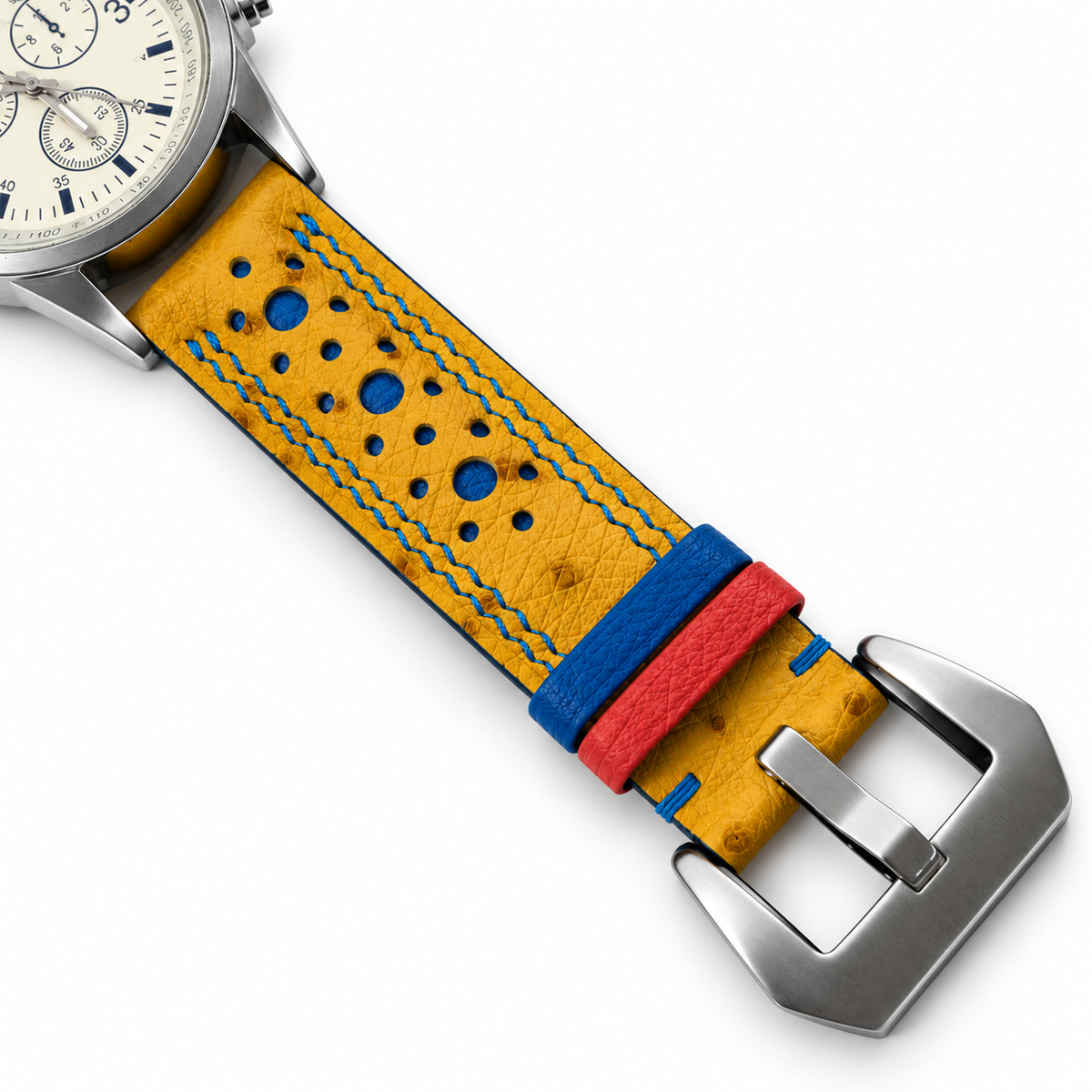 Yellow Ostrich Racing Large Holes Leather Watch Strap - keepers detail
