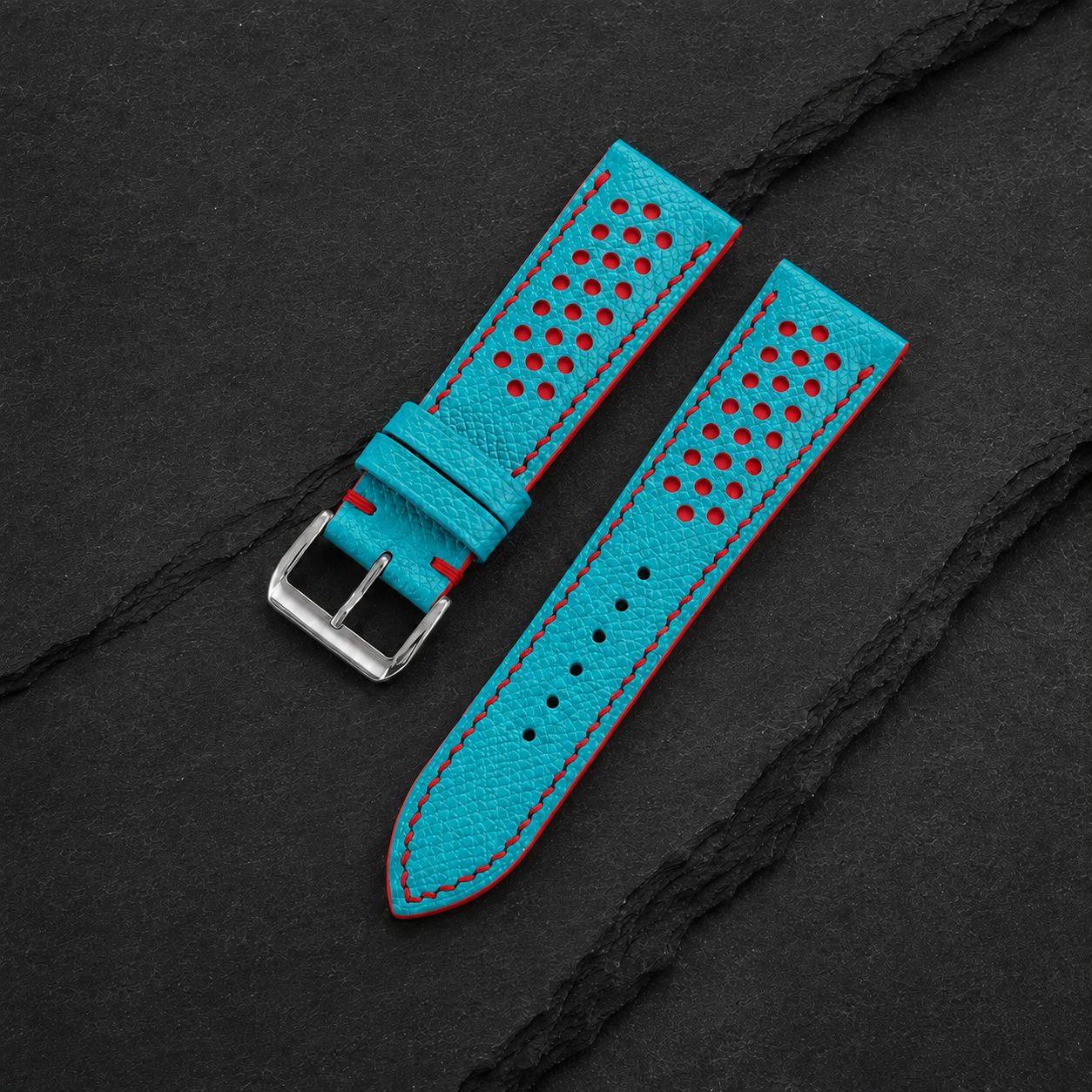 Turquoise and Red Racing Small Holes Rally Epsom Leather Watch Strap