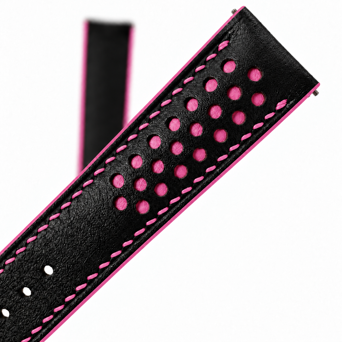 Black and Pink Racing Holes Rally Swift Leather Watch Strap - racing holes pink underlay macro