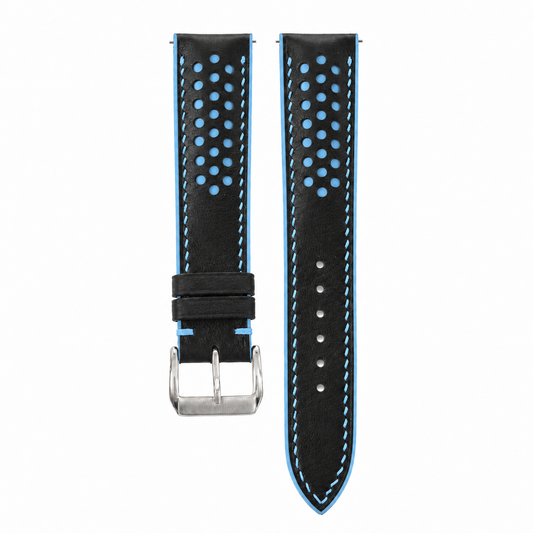 Black and Light Blue Racing Holes Rally Swift Leather Watch Strap - hero