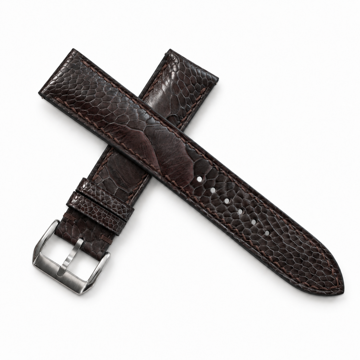Nicotine Brown Ostrich Leg Leather Watch Strap - crossed straps