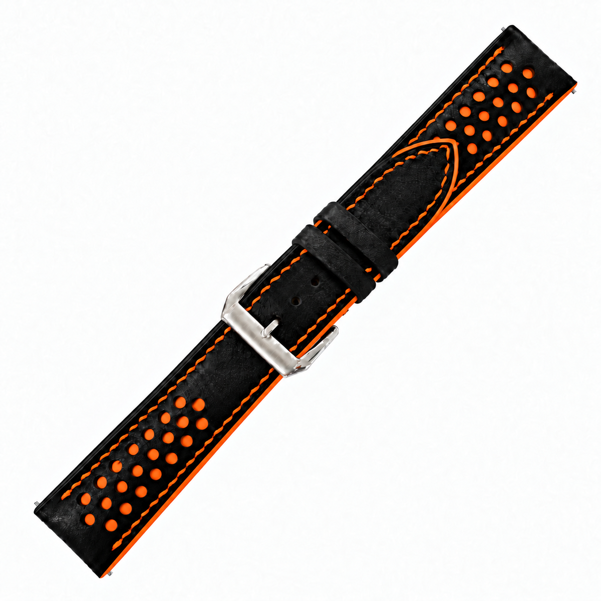 Black and Orange Racing Holes Rally Swift Leather Watch Strap - racing holes orange underlay macro