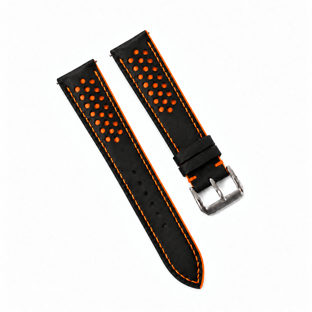 Black and Orange Racing Holes Rally Swift Leather Watch Strap - assembled on buckle