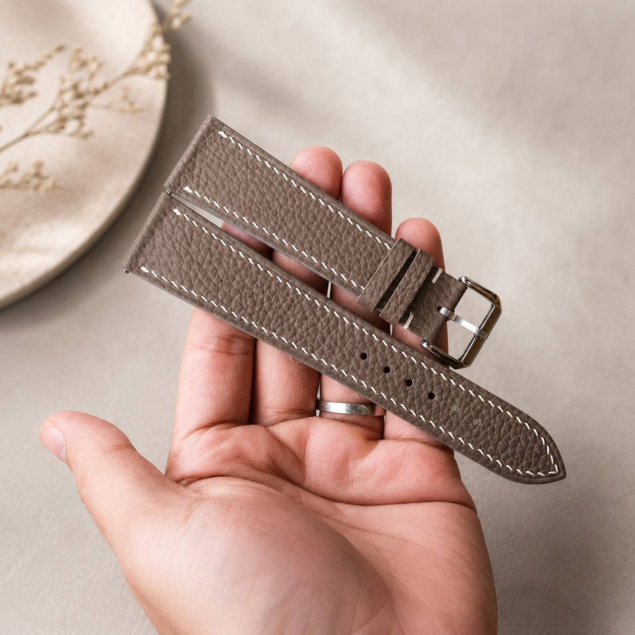 Flat Etoupe Taupe Togo calfskin watch strap handmade