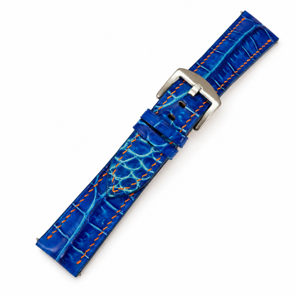 Cobalt Blue Patina Alligator Leather Watch Strap - assembled on buckle