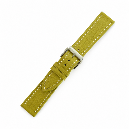 Olive green Togo watch strap, angled view with brushed steel buckle