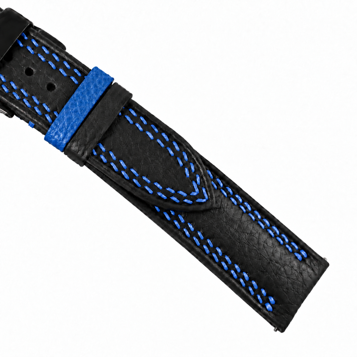 Black Togo Blue Double Stitch Leather Watch Strap - blue keeper loop detail