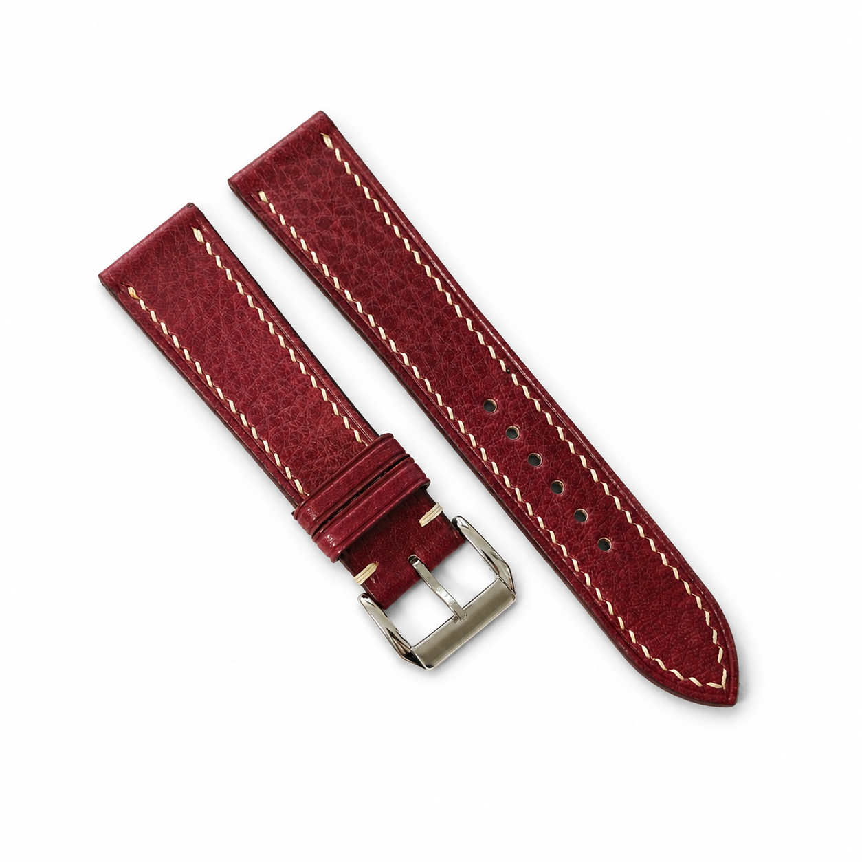 Burgundy red Italian leather watch strap, both halves flat lay