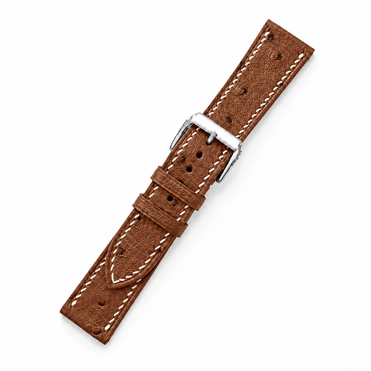 Cognac Brown Ostrich Leather Watch Strap - assembled on buckle