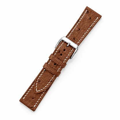 Cognac Brown Ostrich Leather Watch Strap - assembled on buckle