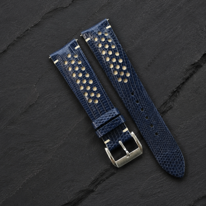 Navy and cream racing rally lizard watch strap, both halves with brushed steel buckle