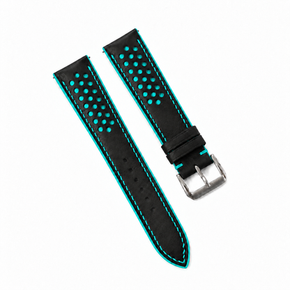 Black and Turquoise Racing Holes Rally Swift Leather Watch Strap - side profile