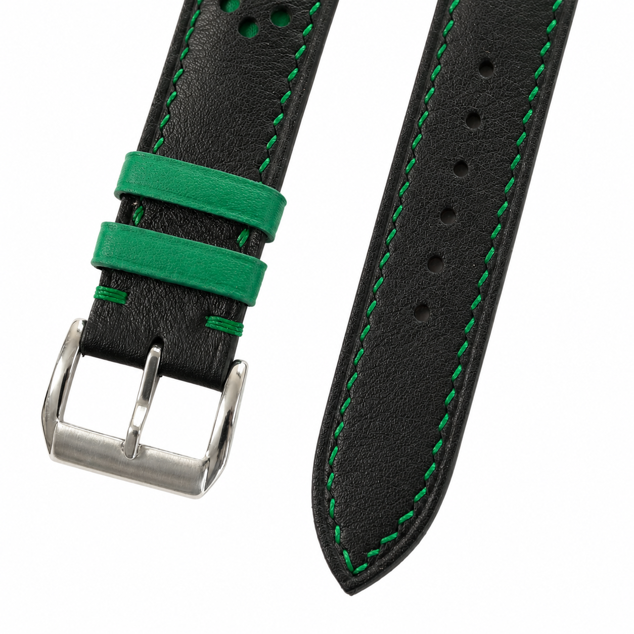 Black and green racing rally Swift watch strap, buckle and keeper detail with green stitching