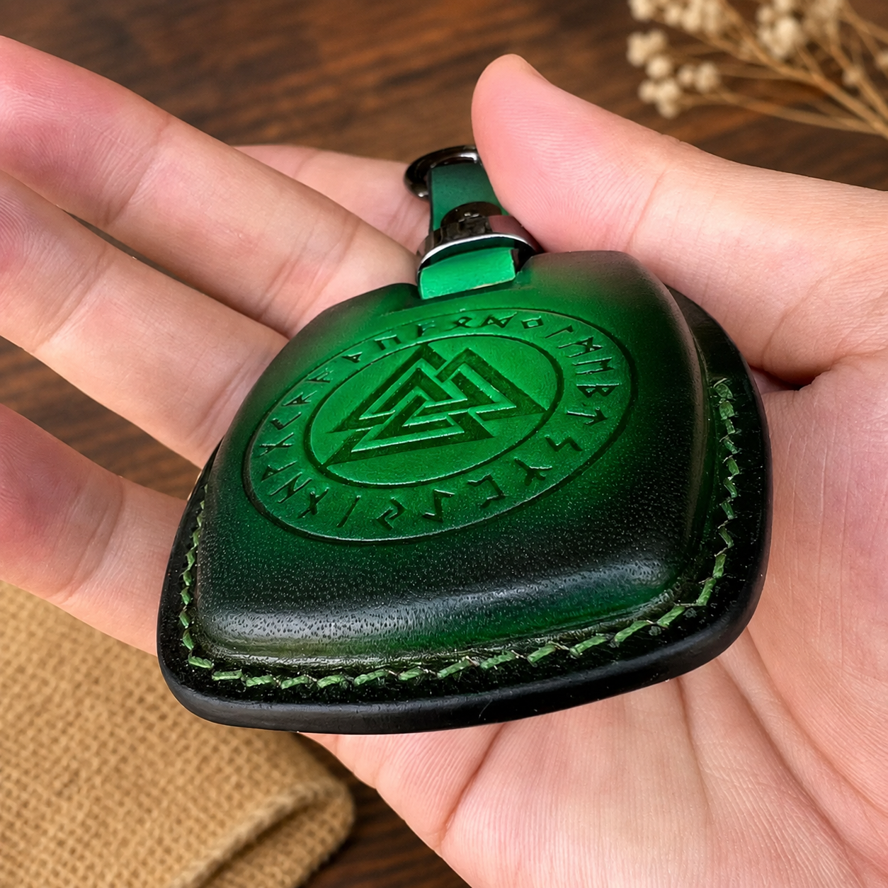 Harley-Davidson Fat Boy green leather key fob cover - hand-tooled emblem