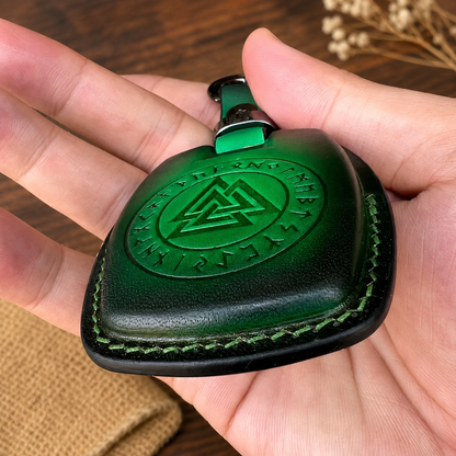 Harley-Davidson Fat Boy green leather key fob cover - hand-tooled emblem