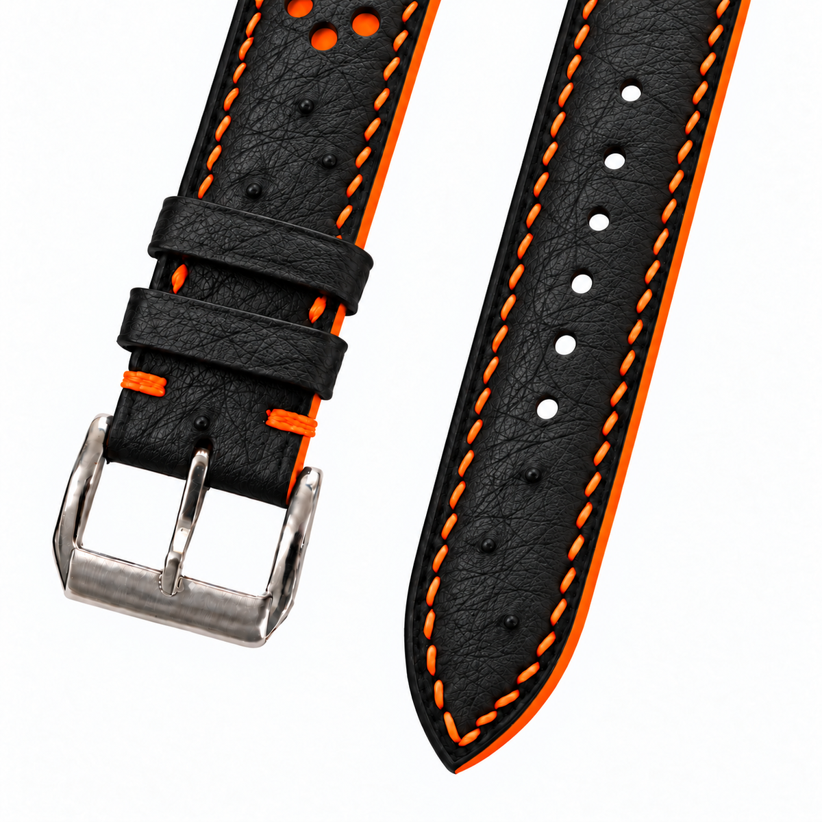 Black and Orange Racing Small Holes Ostrich Leather Watch Strap - buckle and tail quill texture