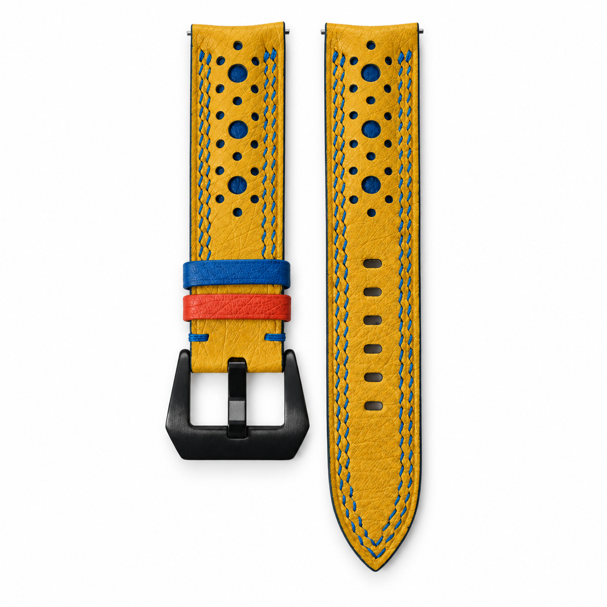 Yellow Ostrich Racing Large Holes Leather Watch Strap - angled view