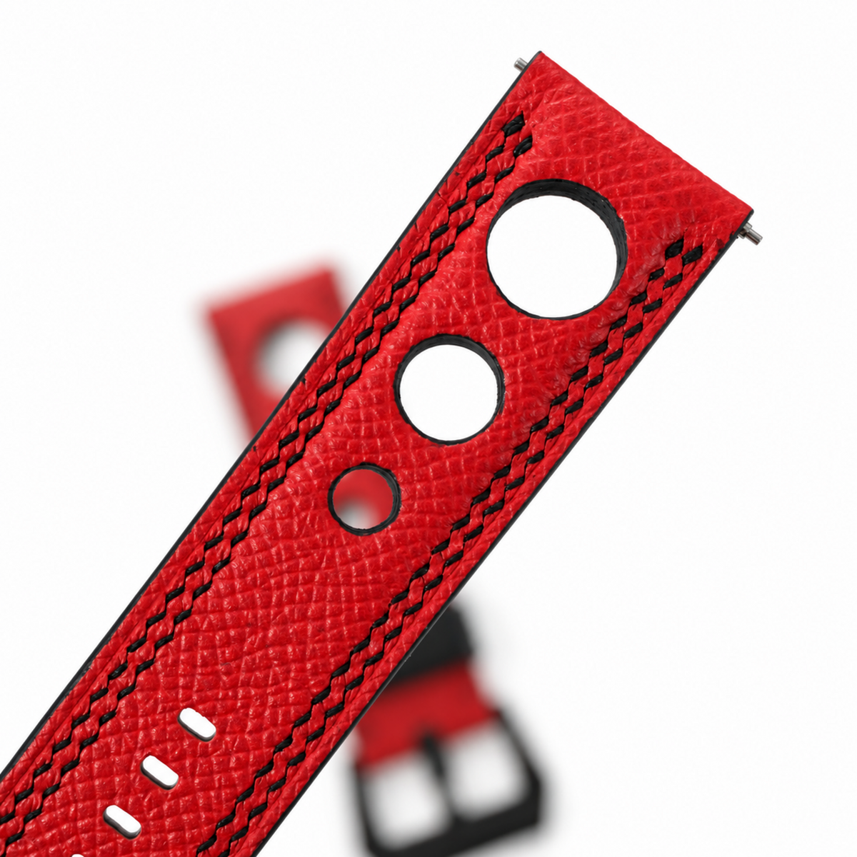Red 3 Holes Rally Epsom Leather Watch Strap - three rally holes detail