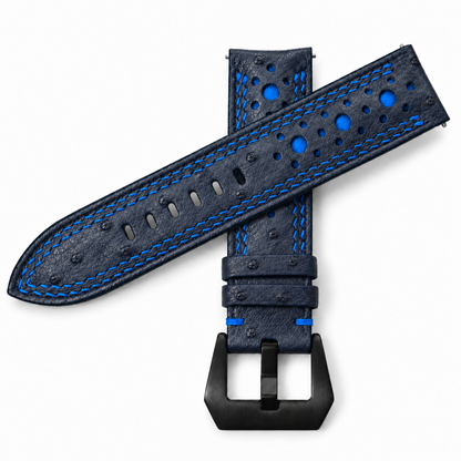 Midnight Navy and Blue Ostrich Racing Large Holes Leather Watch Strap - Double Stitch - detail 5